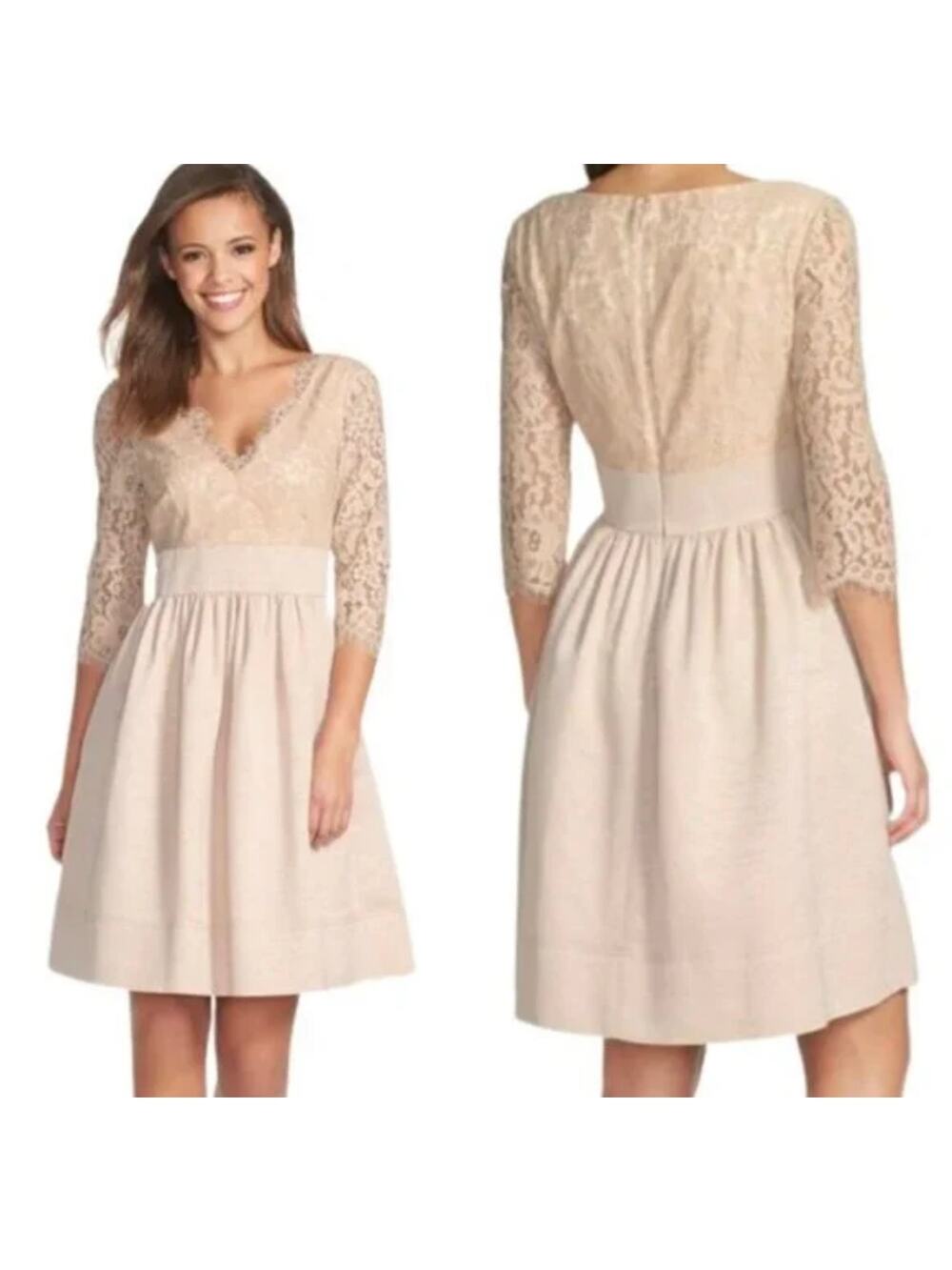 Eliza J Lace Fit & Flare Dress Beige Knee-Length Semi-Formal Dress Womens 12 - Picture 1 of 8